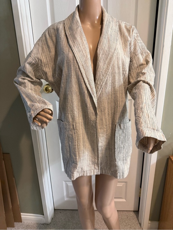 Eileen Fisher Jackets & Blazers - Eileen Fisher Natural Black Striped Cotton Open Front Jacket S M Oversized